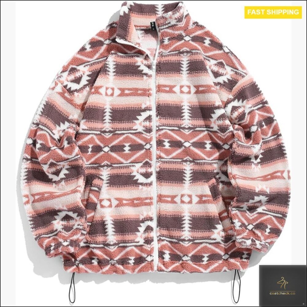 Faux Fur Zip Up Jacket Oversized Cropped Teddy Coat Aztec Print Chic